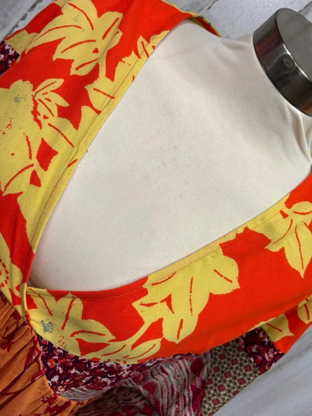 Free People‎ Aloha State of Mind Orange & Brown Mixed-Print V-Neck Peplum Blouse